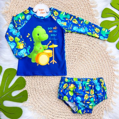 Linha Praia - Conj. Blusa Dino Do, Ré, Mi e Sunga com ProtçãoUV50+ - Marinho